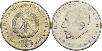 ГДР 20 марок 1971 А, 100 лет со дня рождения Генриха Манна (1871-1950) KM 33, J. 1531 медно-никель UNC 4558-611