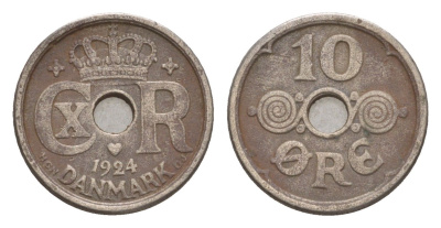 Дания 10 эре 1924 HCN, Кристиан X (1912-1947) KM 822 медно-никель 4658-265