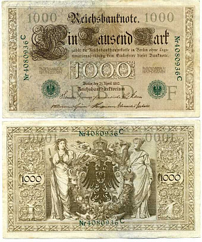 ГЕРМАНИЯ 1000 МАРОК 1910 21 АПРЕЛЯ 1910, ЗЕЛЁНАЯ ПЕЧАТЬ, СЕМИЗНАЧНЫЙ НОМЕР Pick 45b бумага 7198-33-2-1