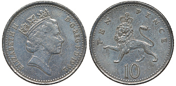 Великобритания 10 пенсов 1992 Елизавета II (1952-2022) KM 938b, Spink 4367 (F4) медно-никель 4122-634