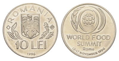 Румыния 10 леев 1996 N, Международный продовольственный саммит в Риме KM 126 сталь плакировнная никелем UNC 11-264-24