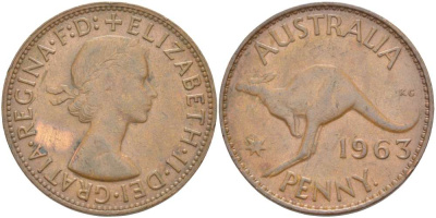 АВСТРАЛИЯ 1 ПЕННИ 1963 р, ЕЛИЗАВЕТА II (1953-), КЕНГУРУ KM 56 бронза 4521-111