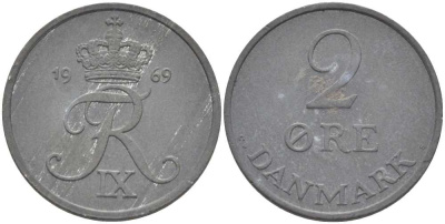 ДАНИЯ 2 ЭРЕ 1969 C; S, ФРЕДЕРИК IX (1947-1972) KM 840.2 цинк 67-444