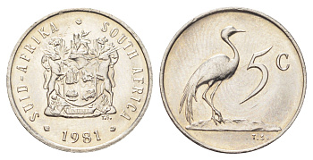 ЮАР 5 центов 1981 герб, райский журавль KM 84 никель UNC 4696-962