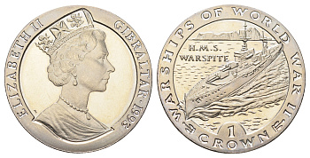 Гибралтар 1 крона 1993 Боевые корабли Второй мировой войны - HMS Warspite KM 117 медно-никель BU 11-181-31
