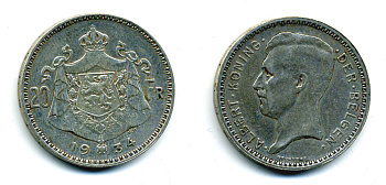 Бельгия 20 франков 1934 Альберт I (1909-1934), Der Belgen KM 104.1 серебро 86-1841
