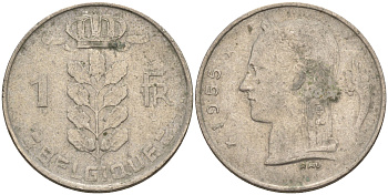 Бельгия 1 франк 1955 BELGIQUE KM 142.1 медно-никель 4592-533