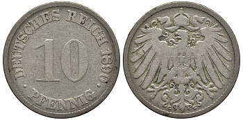 ГЕРМАНИЯ 10 ПФЕННИГОВ 1890 G KM 12, Jager 13, Weege 8 медно-никель 4529-1047