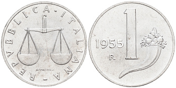 Италия 1 лира 1955 R, весы KM 91 алюминий  UNC  4594-153