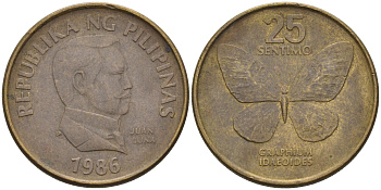 Филиппины 25 сентимо 1986 бабочка KM 241.1 латунь    4115-429