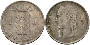 Бельгия 1 франк 1978 Belgie, Бодуэн I (1951-1993) KM 143 медно-никель 4156-635