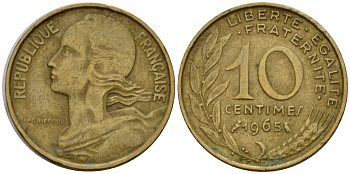 Франция 10 сантимов 1965 тип Marianne KM 929 алюминиевая бронза 92-714