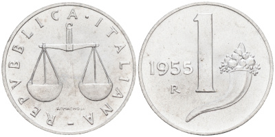 Италия 1 лира 1955 R, весы KM 91 алюминий  UNC  4594-153