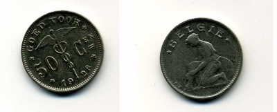 БЕЛЬГИЯ 50 САНТИМОВ 1928 BELGIE KM 88 никель 46-2262