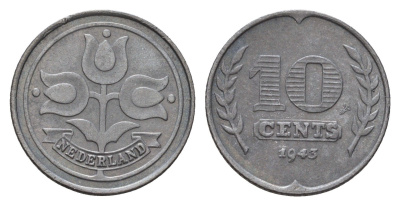 Нидерланды 10 центов 1943 Вильгельмина (1890-1948) KM 173 цинк 4675-917