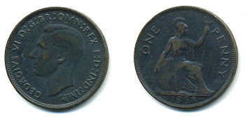 Великобритания 1 пенни 1938 Георг VI (1936-1952) KM 845, Spink 4114 бронза 4110-314