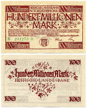 ДАРМШТАДТ, ГЕРМАНИЯ 100000000 МАРОК (100 МИЛЛИОНОВ МАРОК) 1923 1 СЕНТЯБРЯ 1923, НОТГЕЛЬД, ЗЕМЛЯ ГЕССЕН, СЕРИЯ В, НОМЕР, СНЕЖИНКА, ЗЕЛЁНАЯ, HESSESCHE LANDESBANK Keller 956е бумага UNC (ПРЕСС) 8613-25-3-1