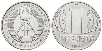 ГДР 1 пфенниг 1968 A KM 8.1 алюминий UNC 4164-641