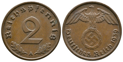 ГЕРМАНИЯ 2 РЕЙХСПФЕННИГА 1939 A KM 90, J. 362 бронза 4380-954