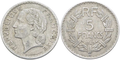 Франция 5 франков 1949 В, тип Лаврийе KM 888b.2, LE FRANC 339.19 алюминий 215-726