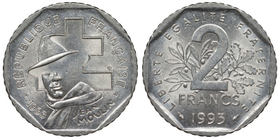 Франция 2 франка 1993 Жан Мулен, 50 лет Национальному движению сопротивления KM 1062, Le Franc 273.2 никель 4123-442