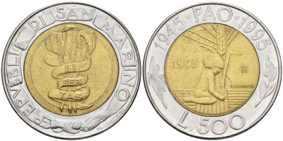 Сан-Марино 500 лир 1995 FAO, 50 лет организации KM 330 биметалл 86-733