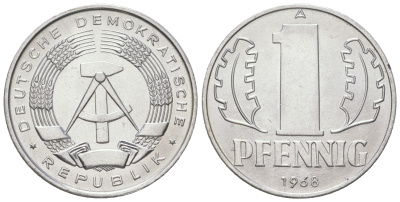 ГДР 1 пфенниг 1968 A KM 8.1 алюминий UNC 4164-641