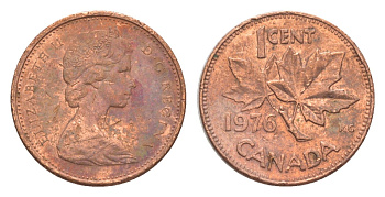 Канада 1 цент 1976 Елизавета II (1952-2022), кленовый лист KM 59 бронза 4639-347