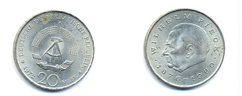 ГДР 20 марок 1972 А, Вильгельм Пик (1876-1960) KM 42 медно-никель 3333-412