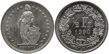 ШВЕЙЦАРИЯ 1/2 ФРАНКА 1990 В KM 23а.3 медно-никель UNC 96-1133