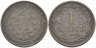 НИДЕРЛАНДЫ 1 ЦЕНТ 1921 ВИЛЬГЕЛЬМИНА (1890-1948) KM 152 бронза 211-719