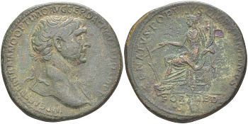 Римская Империя сестерций 116 Траян, бюст императора, IMP CAES NER TRAIANO OPTIMO AVG GER DAC P M TR P COS VI P PS / Фортуна, богиня Удачи, SENATVS POPVLVSQVE ROMANVS FORT RED S C, Рим RIC 652 бронза 1073-7-32