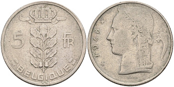 Бельгия 5 франков 1948 BELGIQUE KM 134.1 медно-никель 4586-656