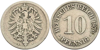 ГЕРМАНИЯ 10 ПФЕННИГОВ 1876 A, СТАРОГЕРБОВКА KM 4, J. 4 медно-никель 4401-256