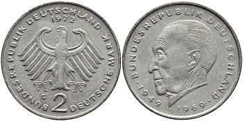 ФРГ 2 марки 1972 G, Конрад Аденауэр KM 124, J. 406 медно-никель плакированный никелем 177-757