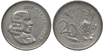 ЮАР 20 центов 1965 SUID, Ян ван Райбек KM 69.2 никель 4122-156