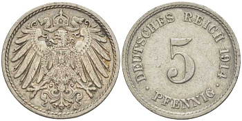ГЕРМАНИЯ 5 ПФЕННИГОВ 1914 A KM 11, J. 12 медно-никель 105-214
