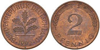 ФРГ 2 пфеннига 1992 J J.381a, KM 106a сталь плакированная медью    4598-934
