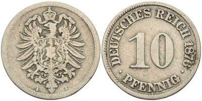 ГЕРМАНИЯ 10 ПФЕННИГОВ 1876 A, СТАРОГЕРБОВКА KM 4, J. 4 медно-никель 4401-256