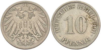 ГЕРМАНИЯ 10 ПФЕННИГОВ 1901 J KM 12, J. 13 медно-никель 4401-1227