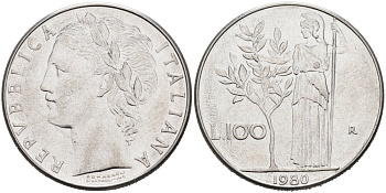 Италия 100 лир 1980 R, АФИНА У ОЛИВКОВОГО ДЕРЕВА KM 96.1 нержавеющая сталь 4572-936