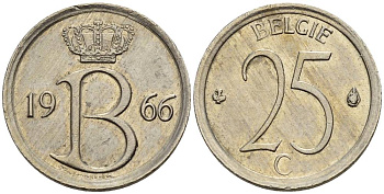 Бельгия 25 сантимов 1966 Belgie, Бодуэн I (1951-1993) KM 154.1 медно-никель 4528-969