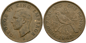 Новая Зеландия 1 пенни 1942 Георг VI (1936-1952), новозеландский туи KM 13 бронза 4165-1146