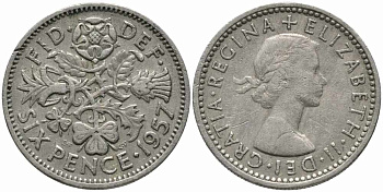 Великобритания 6 пенсов 1957 Елизавета II (1952-2022) KM 903, Spink 4149 медно-никель 112-122