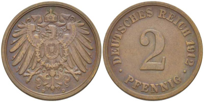 Германия 2 пфеннига 1912 D KM 16, J. 11, Weege 4 медь 206-617