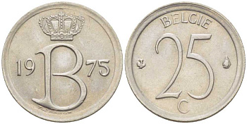 Бельгия 25 сантимов 1975 Belgie, Бодуэн I (1951-1993) KM 154.1 медно-никель 214-157