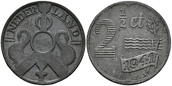 НИДЕРЛАНДЫ 2 1/2 ЦЕНТА 1941 ВИЛЬГЕЛЬМИНА (1890-1948) KM 171 цинк 176-811