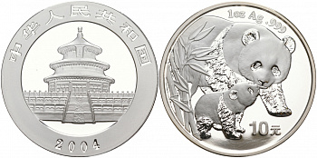 Китай 10 юаней 2004 Панда с детенышем KM 1528 серебро UNC 02-035-43