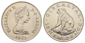 Гибралтар 25 пенсов 1971 Елизавета II (1952-2022), обезьяна KM 5 медно-никель UNC 1091-1-35