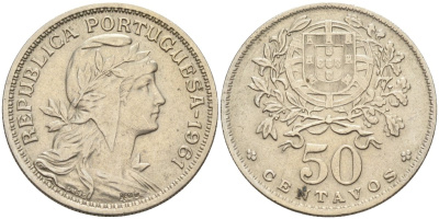 Португалия 50 сентаво 1961 голова свободы вправо KM 577 медно-никель 4573-525
